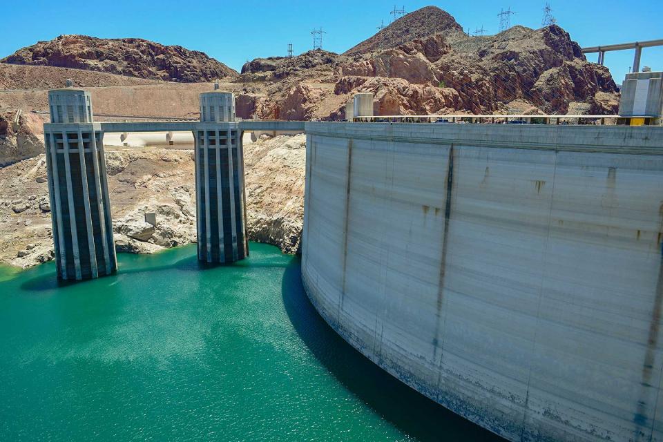 Lake Mead shows the effects of drought, behind Hoover Dam.
