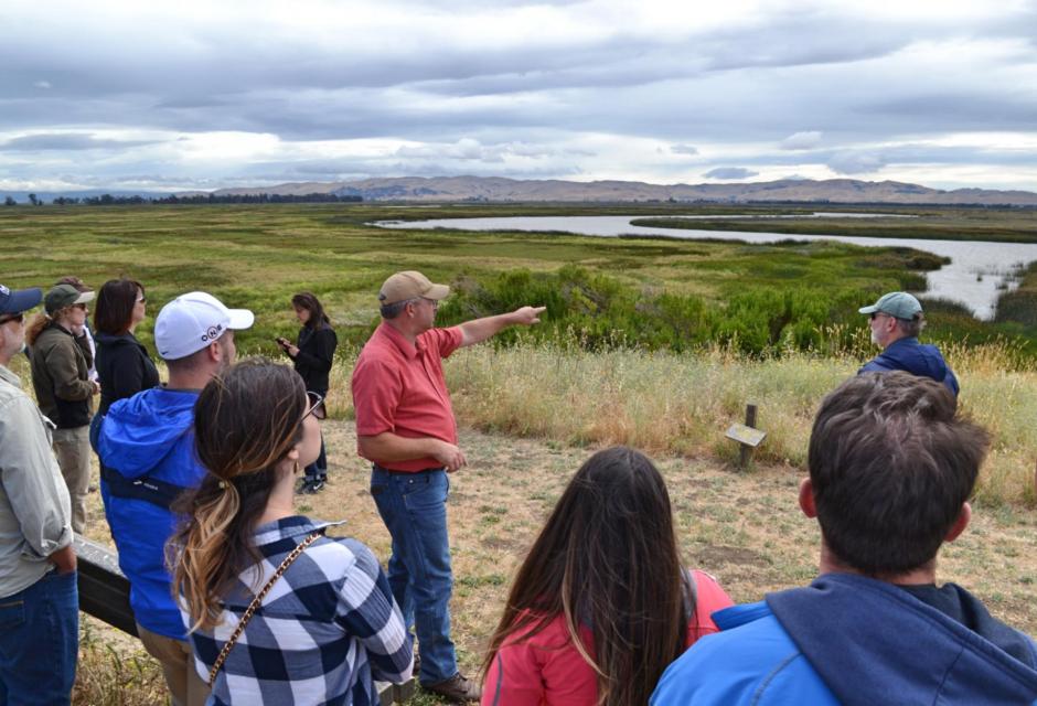 Image shows participants on our Bay-Delta Tour looking out at a wetlands. 
