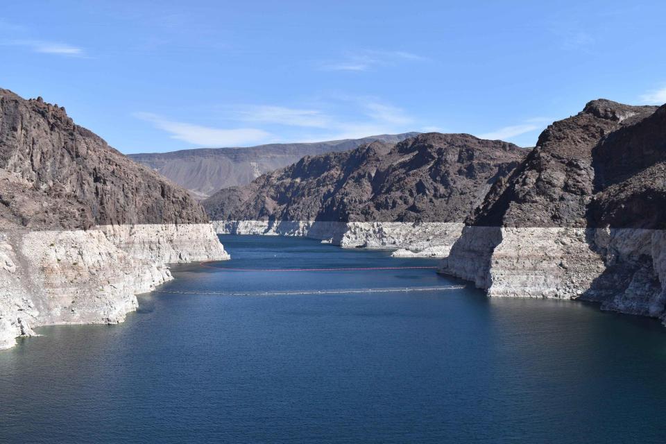 The mineralized white "bathtub ring" along Lake Mead's edge shows the effects of more than two decades of drought along the Colorado River. 